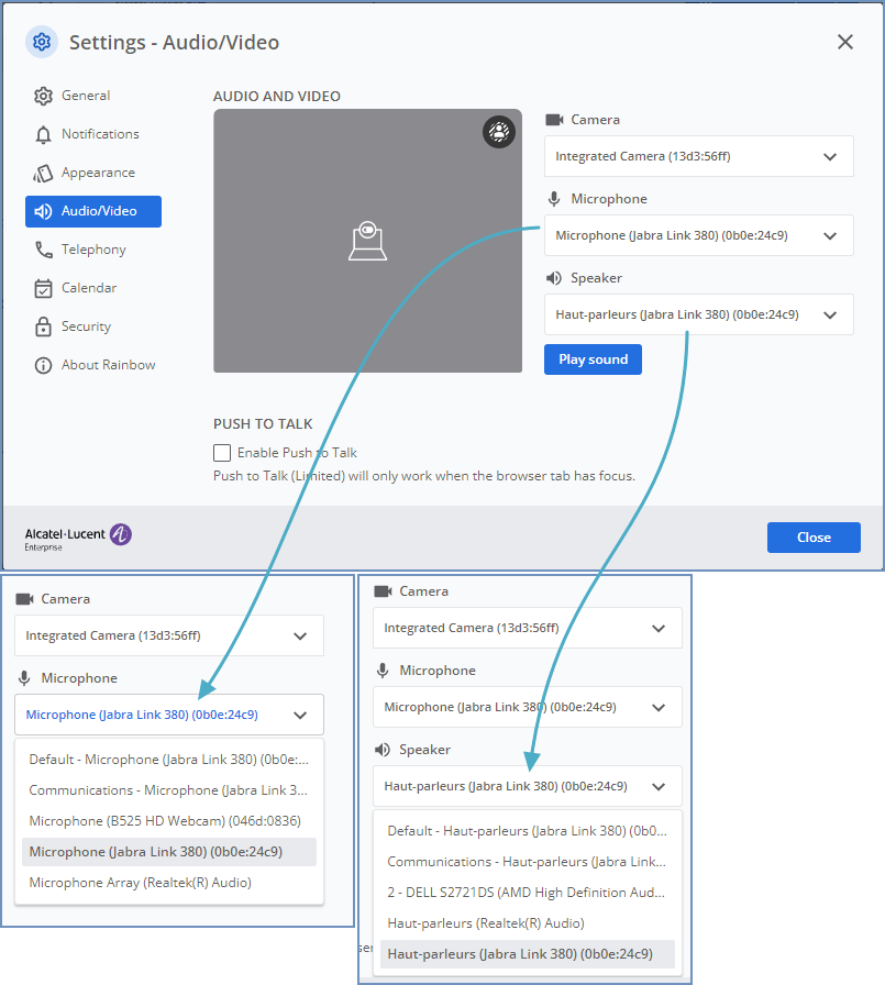 Devices management (Loudspeaker/Microphone and Camera) – Rainbow 