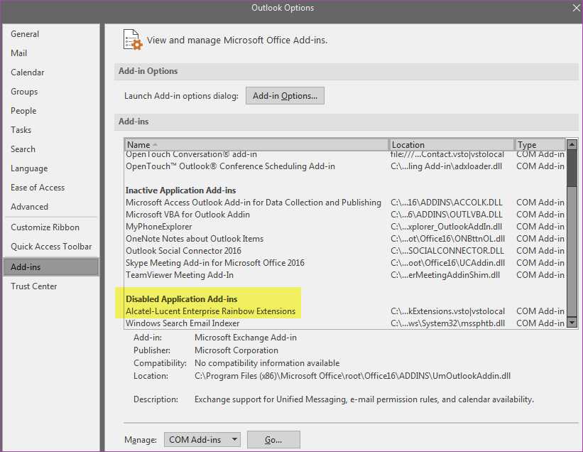 slow and disabled com add ins outlook 365
